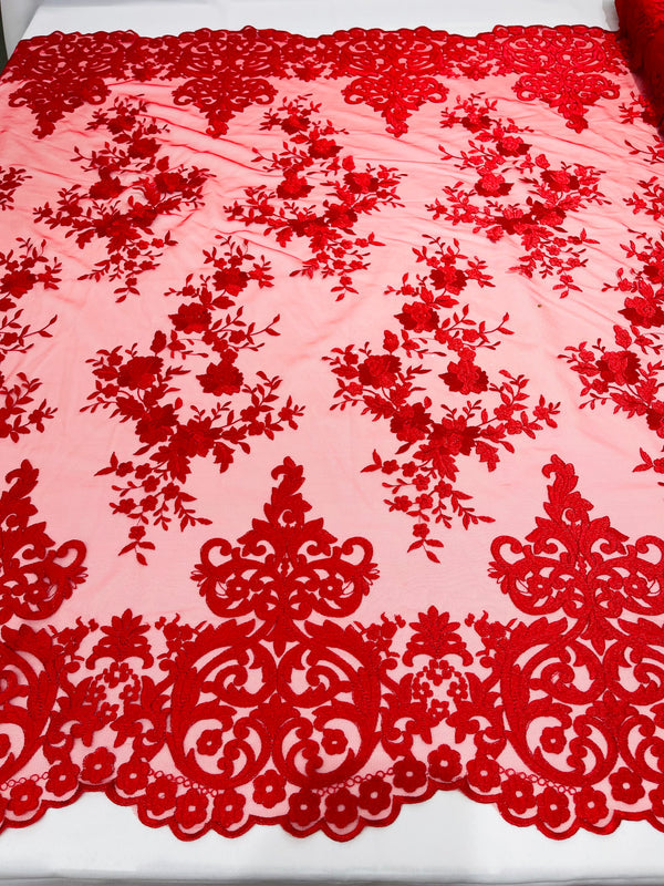 Damask Lace - Red - Floral Damask Design Embroidered on Mesh Lace Fabric