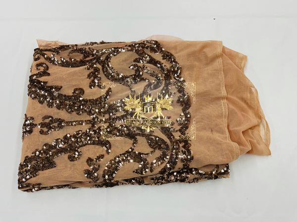 Damask Fabric - Khaki - Embroidered Sequin Fabric On 4 Way Stretch Mesh Fabric By The Yard