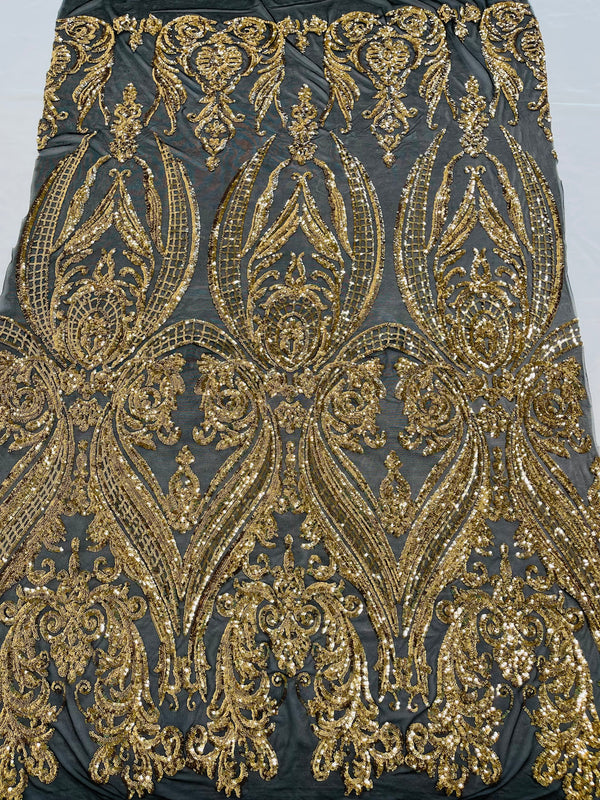 Big Damask Sequins Fabric - Gold - 4 Way Stretch Damask Sequins Design Fabric By Yard