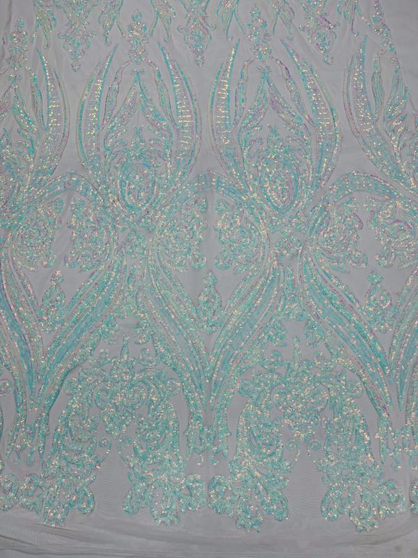 Big Damask Sequins Fabric - Iridescent Aqua/White - 4 Way Stretch Damask Sequins Design Fabric By Yard