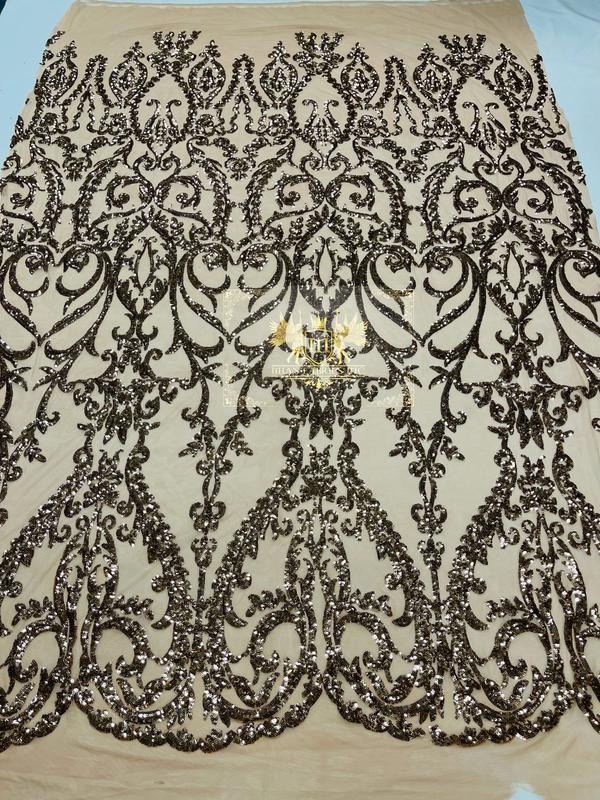 Damask Fabric - Khaki - Embroidered Sequin Fabric On 4 Way Stretch Mesh Fabric By The Yard