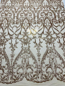Damask Fabric - Matte Champagne - Embroidered Sequin Fabric On 4 Way Stretch Mesh Fabric By The Yard
