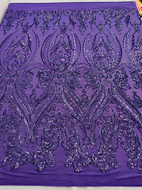 Big Damask Sequins Fabric - Lilac - 4 Way Stretch Damask Sequins Design Fabric By Yard