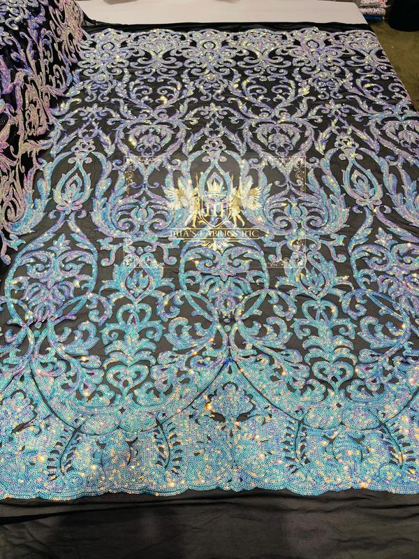 Damask Fabric - Iridescent Aqua - Embroidered Sequin Fabric On 4 Way Stretch Mesh Fabric By The Yard