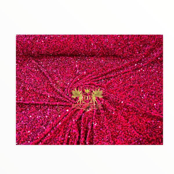 Velvet Stretch Sequins - Fuchsia Sequins on Pink 2 Way Stretch Velvet Fabric 58/60”