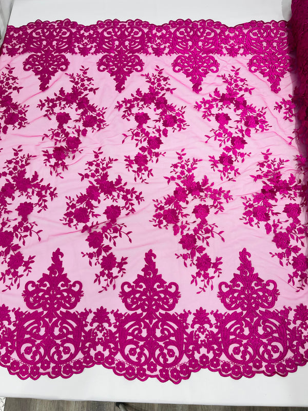 Damask Lace - Magenta - Floral Damask Design Embroidered on Mesh Lace Fabric