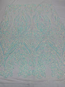 Big Damask Sequins Fabric - Iridescent Aqua/White - 4 Way Stretch Damask Sequins Design Fabric By Yard