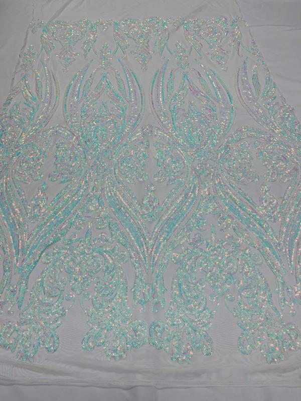 Big Damask Sequins Fabric - Iridescent Aqua/White - 4 Way Stretch Damask Sequins Design Fabric By Yard