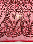 Damask Fabric - Matte Burgundy - Embroidered Sequin Fabric On 4 Way Stretch Mesh Fabric By The Yard