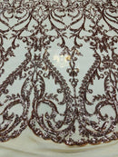 Damask Fabric - Rose Gold - Embroidered Sequin Fabric On 4 Way Stretch Mesh Fabric By The Yard