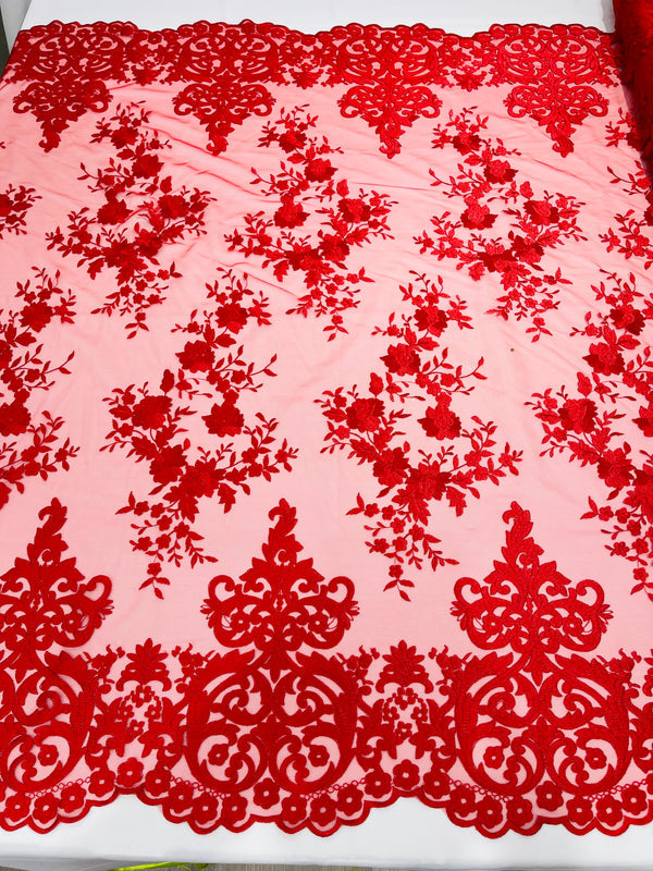 Damask Lace - Red - Floral Damask Design Embroidered on Mesh Lace Fabric