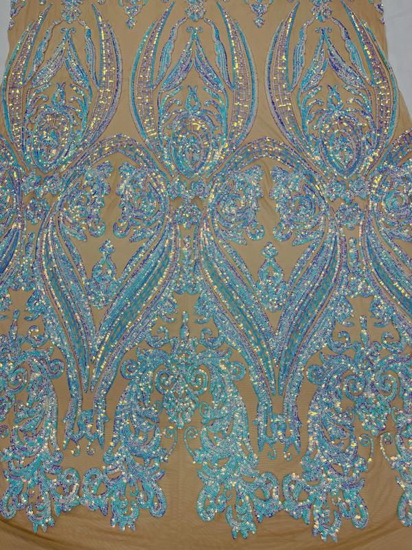 Big Damask Sequins Fabric - Aqua Iridescent Nude - 4 Way Stretch Damask Sequins Design Fabric By Yard