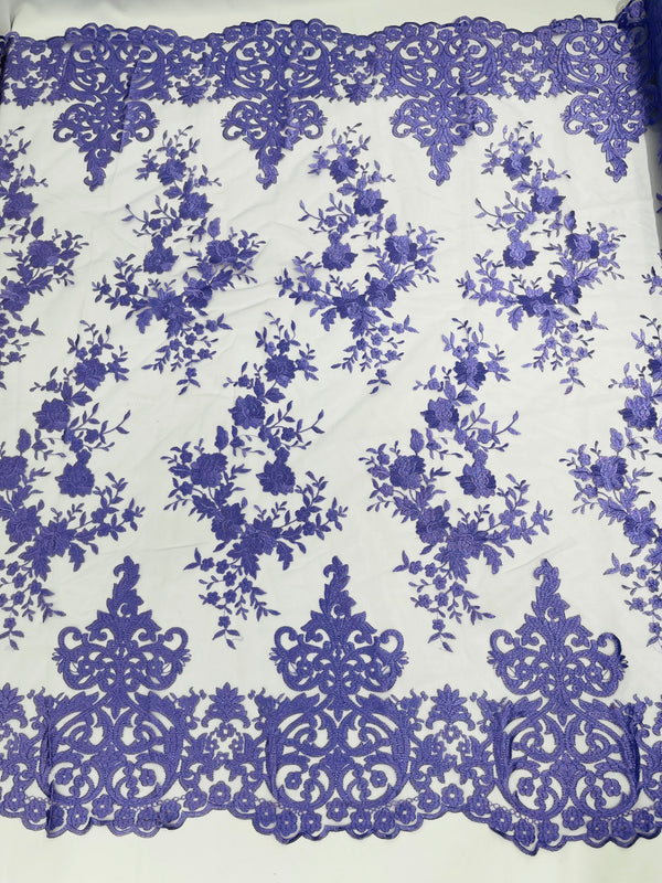 Damask Lace - Lilac - Floral Damask Design Embroidered on Mesh Lace Fabric