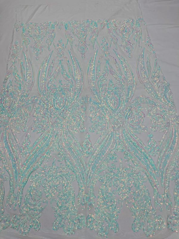 Big Damask Sequins Fabric - Iridescent Aqua/White - 4 Way Stretch Damask Sequins Design Fabric By Yard