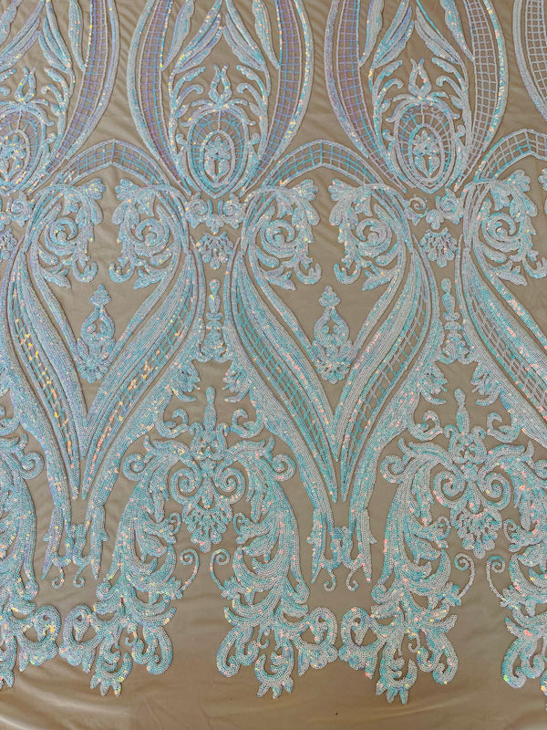 Big Damask Sequins Fabric - Iridescent Aqua  - 4 Way Stretch Damask Sequins Design Fabric By Yard