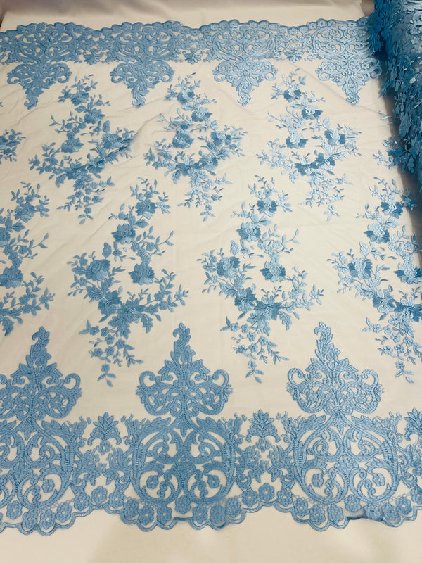 Damask Lace - Baby Blue - Floral Damask Design Embroidered on Mesh Lace Fabric