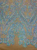 Big Damask Sequins Fabric - Aqua Iridescent Nude - 4 Way Stretch Damask Sequins Design Fabric By Yard