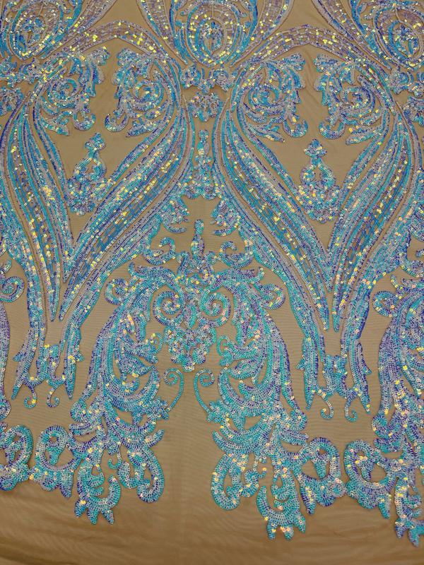 Big Damask Sequins Fabric - Aqua Iridescent Nude - 4 Way Stretch Damask Sequins Design Fabric By Yard