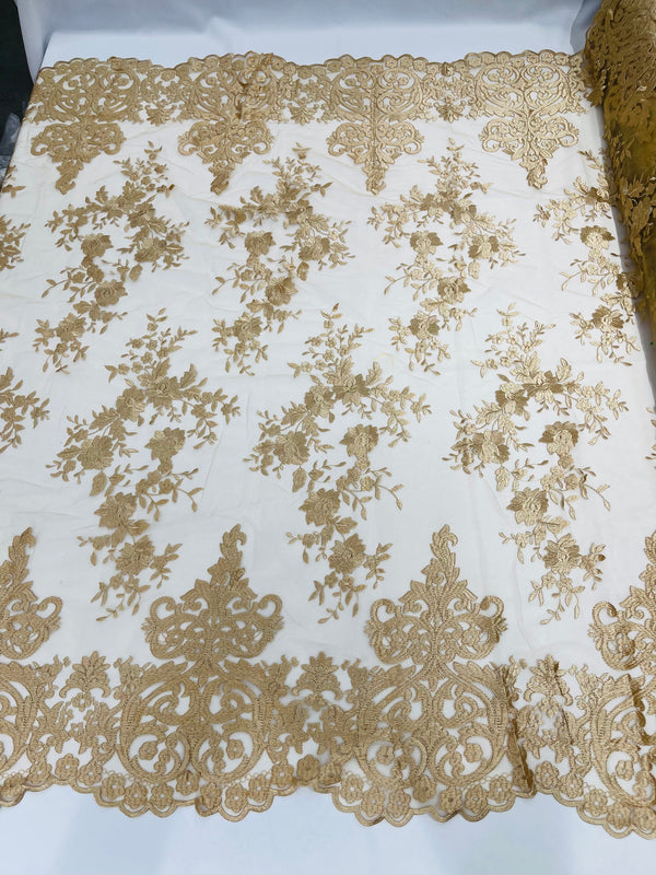 Damask Lace - Champagne - Floral Damask Design Embroidered on Mesh Lace Fabric