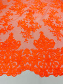 Damask Lace - Neon Orange - Floral Damask Design Embroidered on Mesh Lace Fabric