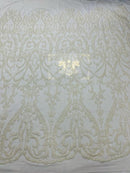 Damask Fabric - White - Embroidered Sequin Fabric On 4 Way Stretch Mesh Fabric By The Yard