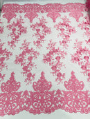 Damask Lace - Pink - Floral Damask Design Embroidered on Mesh Lace Fabric