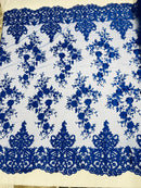 Damask Lace - Royal Blue - Floral Damask Design Embroidered on Mesh Lace Fabric