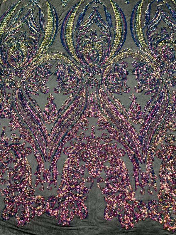 Big Damask Sequins Fabric - Rainbow - 4 Way Stretch Damask Sequins Design Fabric By Yard