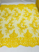 Damask Lace - Yellow - Floral Damask Design Embroidered on Mesh Lace Fabric