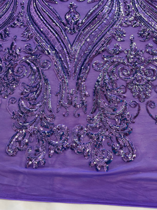 Big Damask Sequins Fabric - Lilac - 4 Way Stretch Damask Sequins Design Fabric By Yard