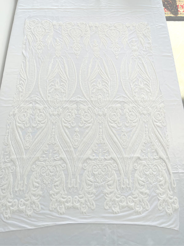 Big Damask Sequins Fabric - White - 4 Way Stretch Damask Sequins Design Fabric By Yard