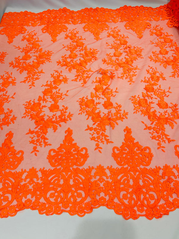 Damask Lace - Neon Orange - Floral Damask Design Embroidered on Mesh Lace Fabric