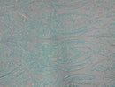 Big Damask Sequins Fabric - Iridescent Aqua/White - 4 Way Stretch Damask Sequins Design Fabric By Yard