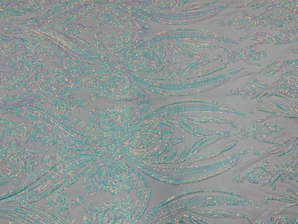 Big Damask Sequins Fabric - Iridescent Aqua/White - 4 Way Stretch Damask Sequins Design Fabric By Yard