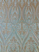 Big Damask Sequins Fabric - Iridescent Aqua  - 4 Way Stretch Damask Sequins Design Fabric By Yard