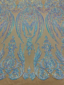 Big Damask Sequins Fabric - Aqua Iridescent Nude - 4 Way Stretch Damask Sequins Design Fabric By Yard