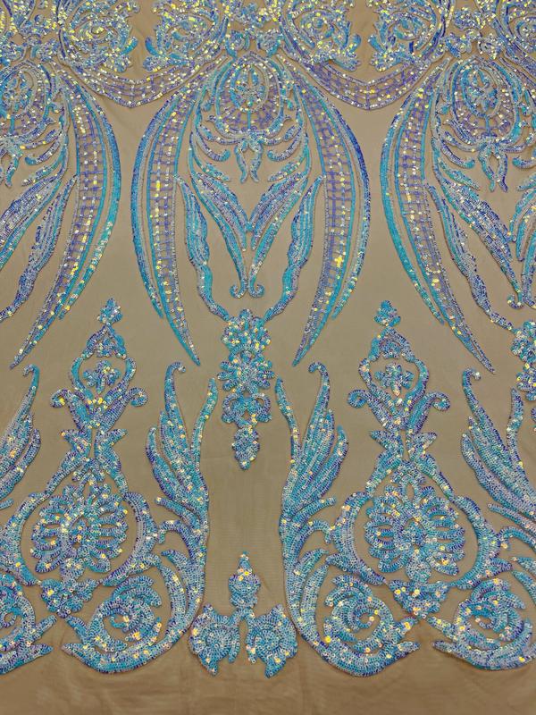 Big Damask Sequins Fabric - Aqua Iridescent Nude - 4 Way Stretch Damask Sequins Design Fabric By Yard