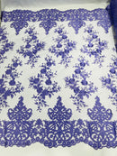 Damask Lace - Lilac - Floral Damask Design Embroidered on Mesh Lace Fabric