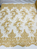 Damask Lace - Gold - Floral Damask Design Embroidered on Mesh Lace Fabric