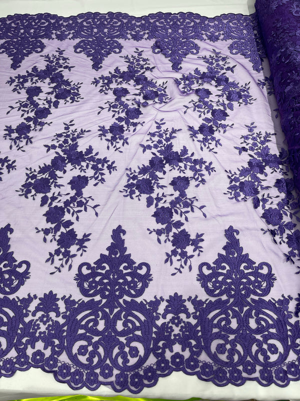 Damask Lace - Purple - Floral Damask Design Embroidered on Mesh Lace Fabric