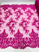 Damask Lace - Magenta - Floral Damask Design Embroidered on Mesh Lace Fabric