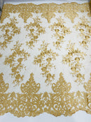 Damask Lace - Gold - Floral Damask Design Embroidered on Mesh Lace Fabric