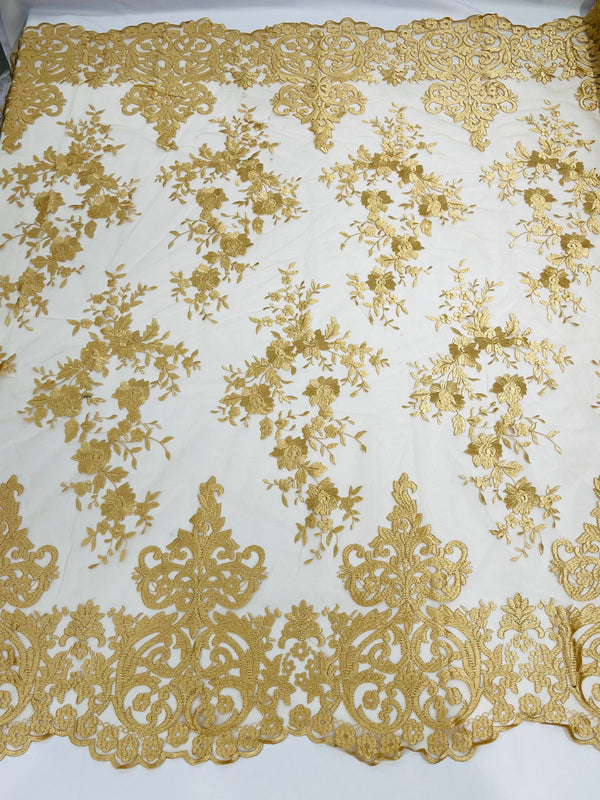 Damask Lace - Gold - Floral Damask Design Embroidered on Mesh Lace Fabric