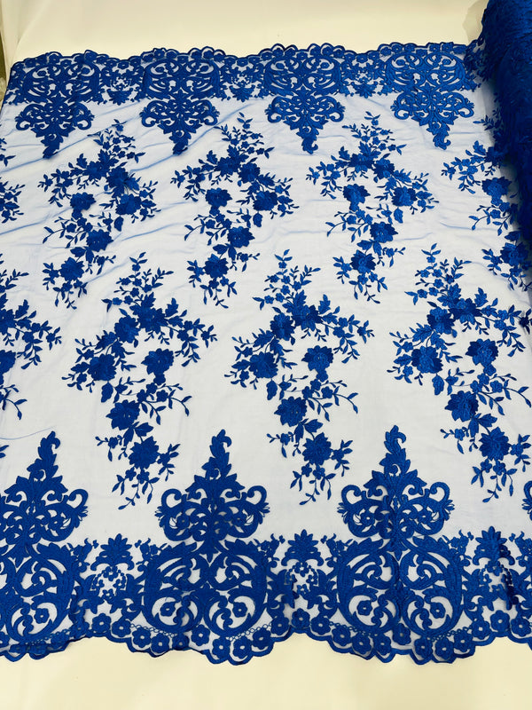 Damask Lace - Royal Blue - Floral Damask Design Embroidered on Mesh Lace Fabric