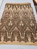 Big Damask Sequins Fabric - Mocha - 4 Way Stretch Damask Sequins Design Fabric By Yard