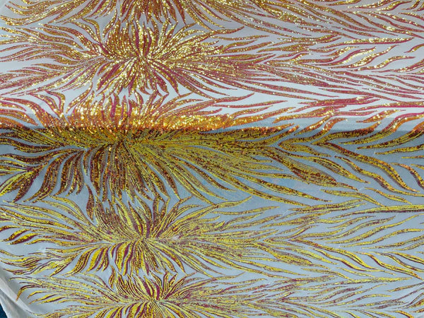 Iridescent Fabric - Orange - Wing Line Design 4 Way Stretch Mesh Lace Fabric By Yard