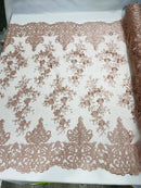 Damask Lace - Blush - Floral Damask Design Embroidered on Mesh Lace Fabric