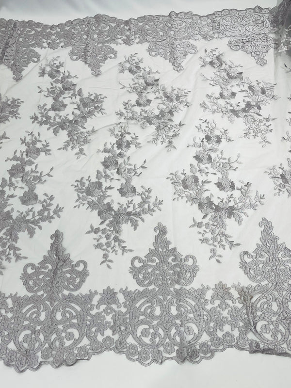Damask Lace - Silver - Floral Damask Design Embroidered on Mesh Lace Fabric