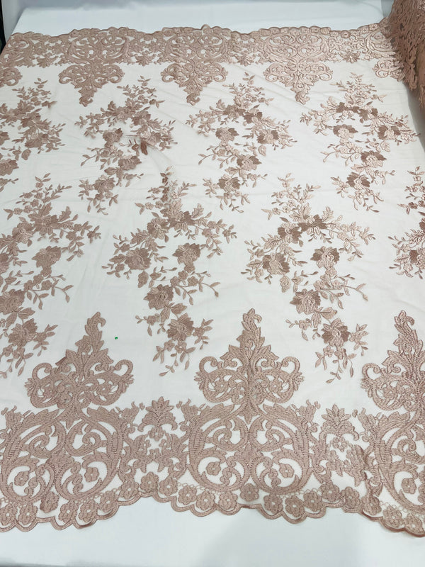 Damask Lace - Blush - Floral Damask Design Embroidered on Mesh Lace Fabric