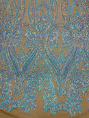 Big Damask Sequins Fabric - Aqua Iridescent Nude - 4 Way Stretch Damask Sequins Design Fabric By Yard